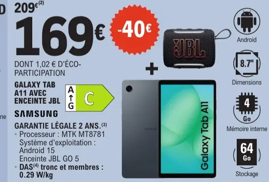 Offre: Galaxy tab a11 avec enceinte JBL