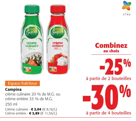 Offre: Crème culinaire 20% de M.G. ou crème entière