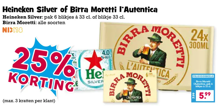 Aanbieding: Heineken Silver of Birra Moretti l'Autentica