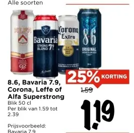 Aanbieding: 8.6, Bavaria 7.9, Corona, Leffe of Alfa Super