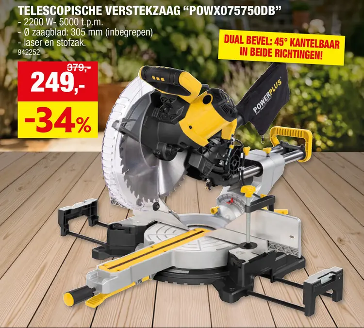 Promotie: Powerplus POWX075750DB telescopische dubbele verstekzaag 2200W 305mm
