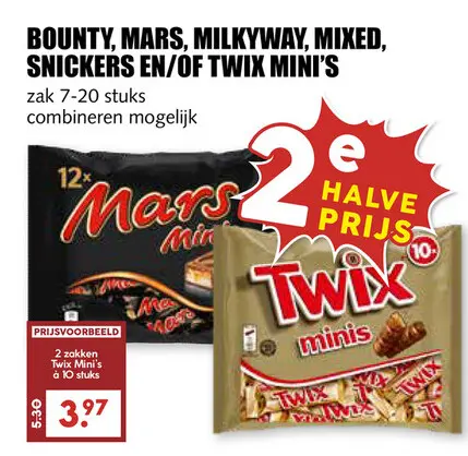Aanbieding: Bounty, Mars, MilkyWay, mixed, Snickers en/of Twix mini's
