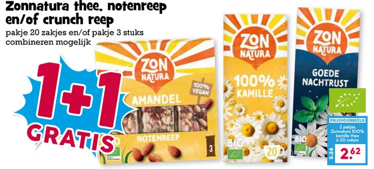 Aanbieding: Zonnatura thee, notenreep en/of crunch reep