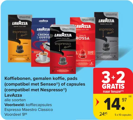Promotie: Koffiebonen, gemalen koffie, pads of capsules LavAzza