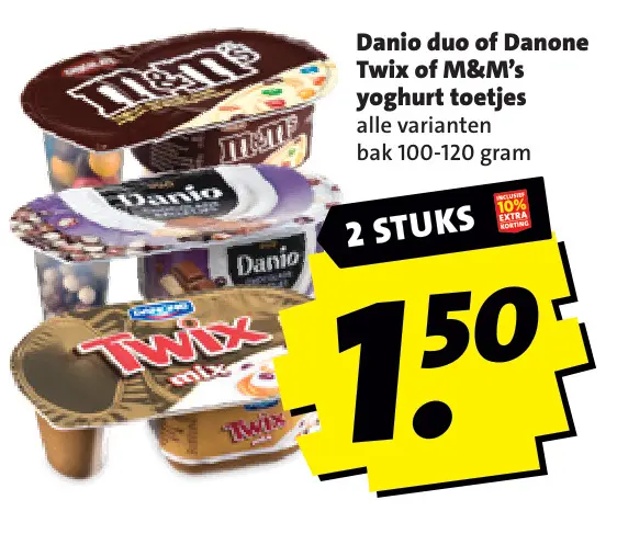 Aanbieding: Danio duo of Danone Twix of M&M's yoghurt toetjes