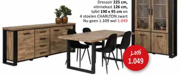 Aanbieding: Dressoir, vitrinekast, tafel en 4 stoelen CHARLTON