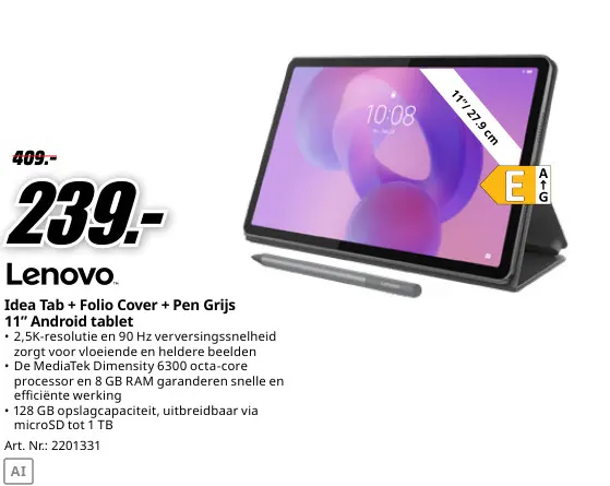 Promotie: Idea Tab + Folio Cover + Pen Grijs 11" Androi