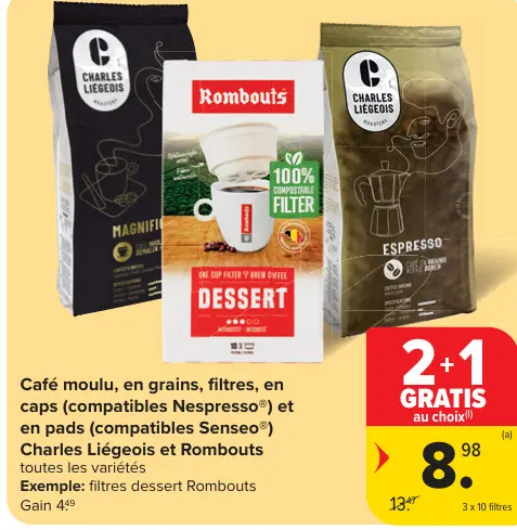 Offre: Café moulu, en grains, filtres, en caps 