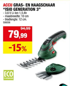 Promotie: Bosch ISIO Gen III accu gras- en heggenschaar 3,6V Li-Ion 12cm