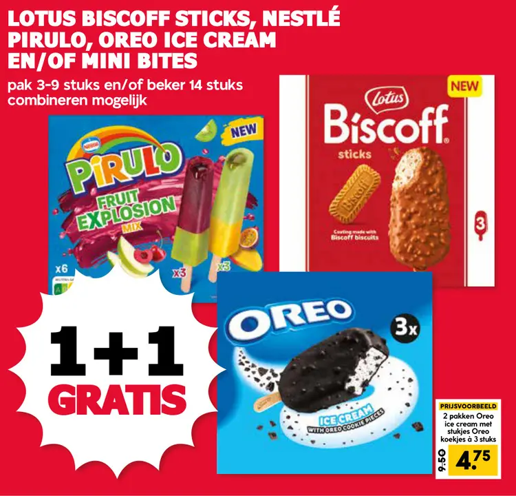 Aanbieding: Lotus Biscoff sticks, Nestlé Pirulo, Oreo ice cream en/of mini bites