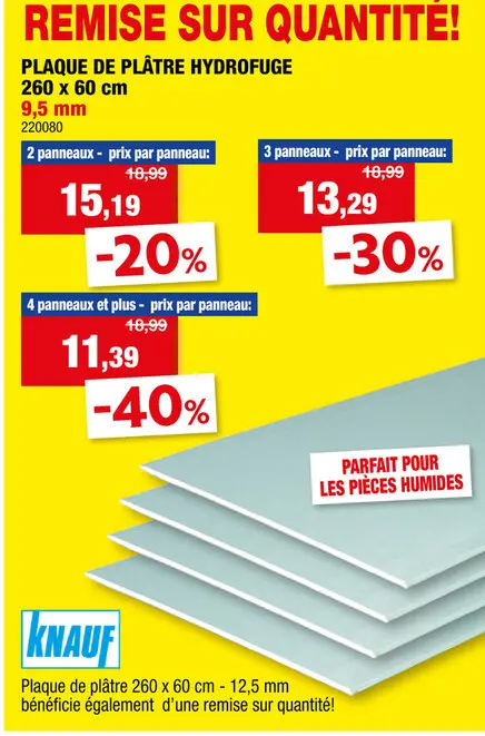 Offre: Knauf plaque de plâtre hydrofuge AK 9,5mm 260x60 cm