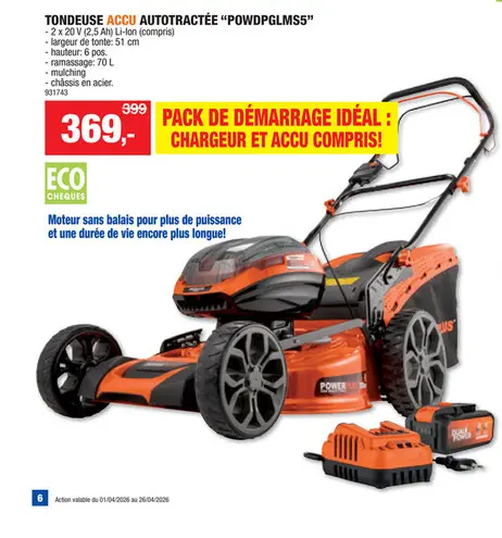 Offre: Powerplus Dual Power POWDPG7568 tondeuse sans fil autotractée 2x20 V Li-Ion 51cm + chargeur