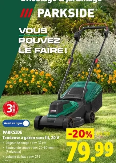 Offre: Tondeuse à gazon sans fil, 20 V