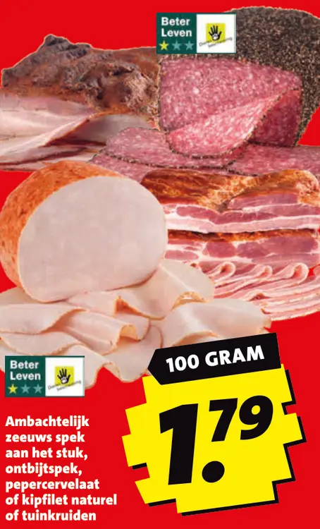 Aanbieding: Ambachtelijk zeeuws spek aan het stuk, ontbijtspek, pepercervelaat of kipfilet naturel of tuinkruiden