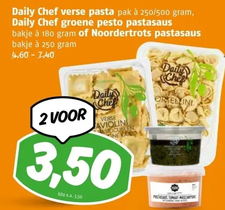 Aanbieding: Verse pasta of groene pesto pastasaus of Noordertrots pastasaus