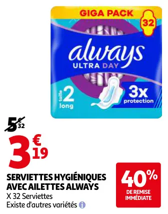 Promotie: Serviettes hygiéniques avec ailettes Always