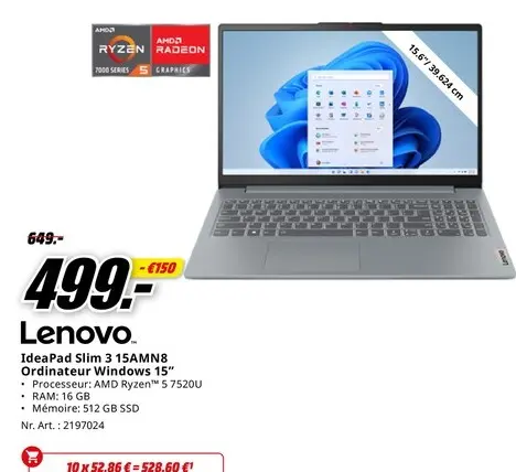 Offre: IdeaPad Slim 3 15AMN8 Ordinateur Windows 15"