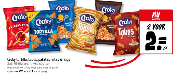 Promotie: Croky tortilla, tubes, patatas fritas & rings