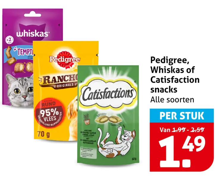 Aanbieding: Pedigree, Whiskas of Catisfaction snacks