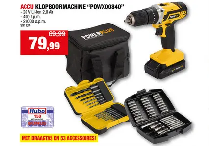 Promotie: Powerplus POWX00840 accu klopboormachine 20V + batterij en lader + 53 accessoires