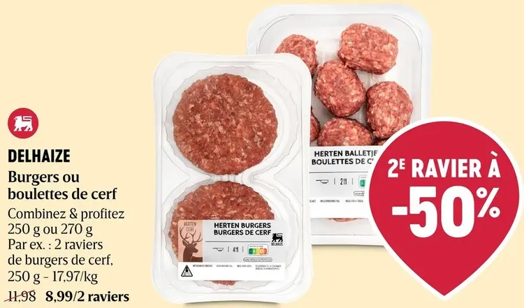 Offre: DELHAIZE Burgers ou boulettes de cerf