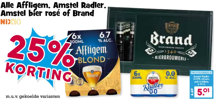 Aanbieding: Affligem, Amstel Radler, Amstel bier rosé of Brand