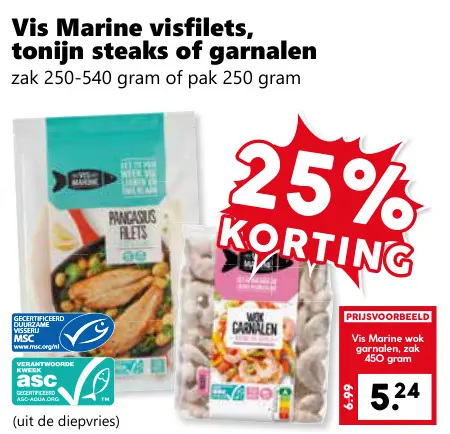 Aanbieding: Visfilets, tonijn steaks of garnalen