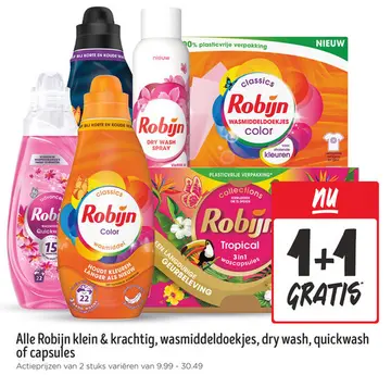 Aanbieding: Alle Robijn klein & krachtig, wasmiddeldoekjes, dry wash, quickwash of capsules
