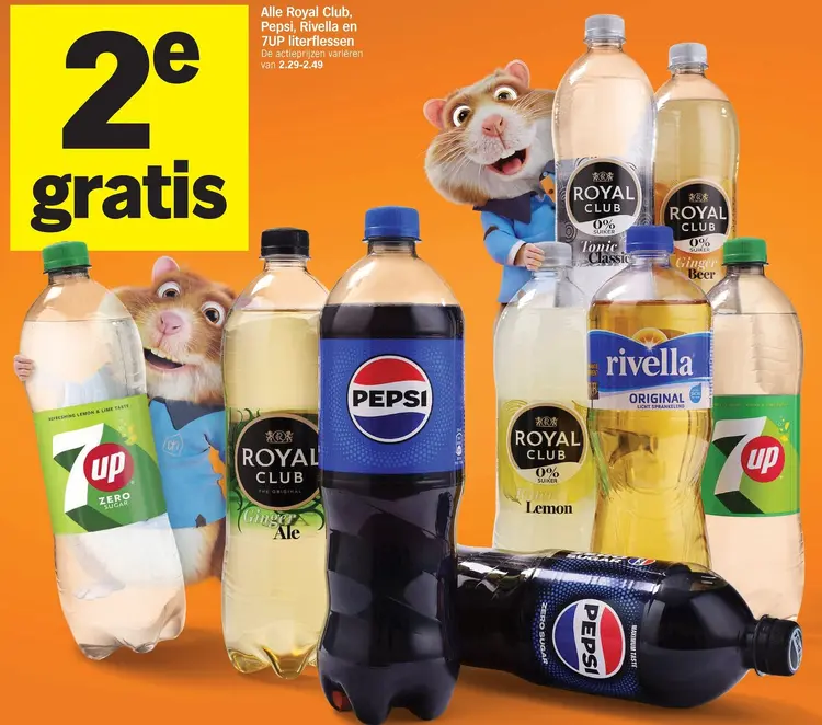 Aanbieding: Royal Club, Pepsi, Rivella en 7UP literflessen