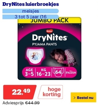 Aanbieding: DryNites luierbroekjes - meisjes - 3 tot 5 jaar (16 - 23 kg) - 64 stuks - extra voordeel