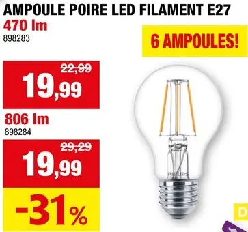 Offre: Ampoule poire LED filament E27