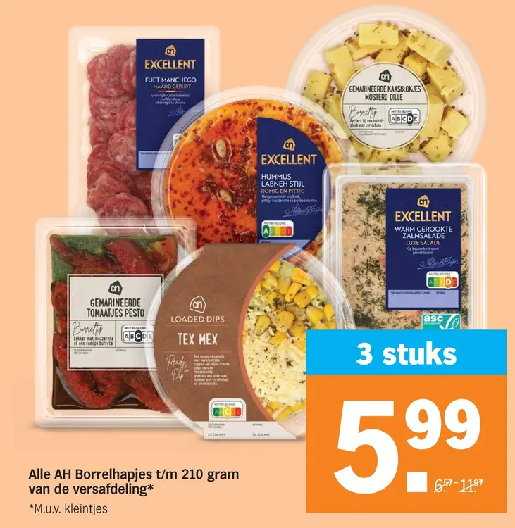 Aanbieding: AH Borrelhapjes t/m 210 gram van de versafdeling