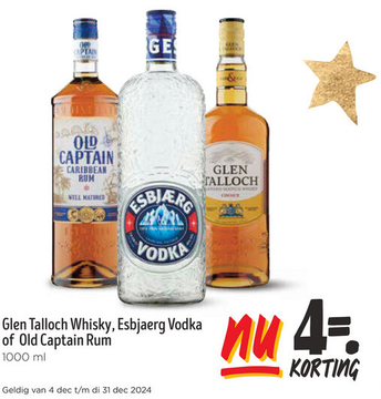 Aanbieding: Glen Talloch Whisky, Esbjaerg Vodka of Old Captain Rum