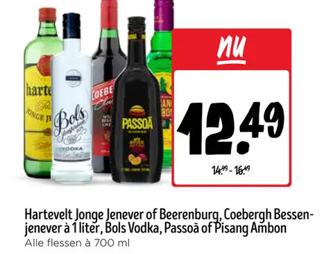 Aanbieding: Hartevelt Jonge Jenever of Beerenburg, Coebergh Bessenjenever, Bols Vodka, Passoa of Pisang Ambon