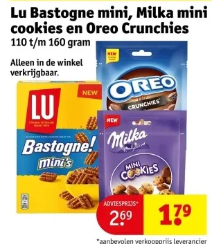 Aanbieding: Bastogne mini, Milka mini cookies en Oreo Cruncies