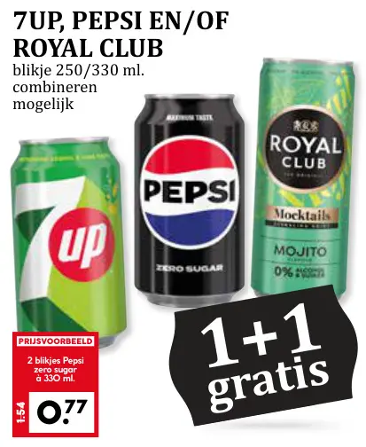 Aanbieding: 7UP, Pepsi en/of Royal Club blikje