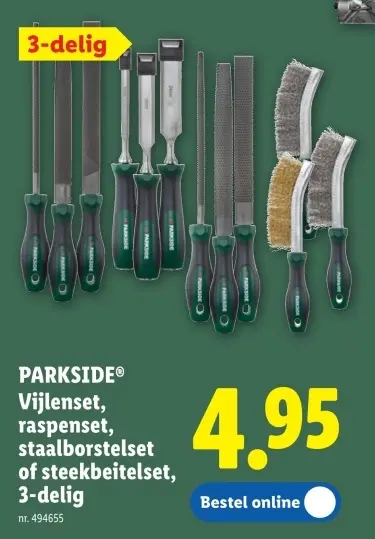 Promotie: Vijlenset, raspenset, staalborstelset of steekbeitelset, 3-delig