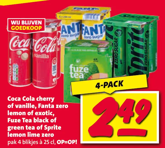 Aanbieding: Coca Cola cherry of vanille, Fanta zero lemon of exotic, Fuze Tea black of green tea of Sprite lemon lime zero