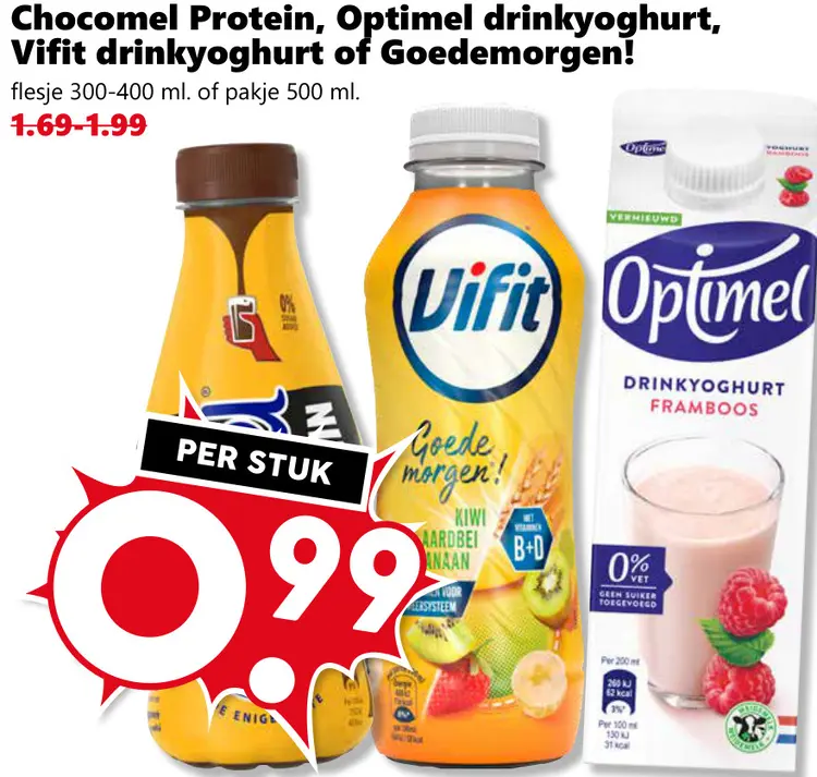 Aanbieding: Chocomel Protein, Optimel drinkyoghurt, Vifit drinkyoghurt of Goedemorgen!