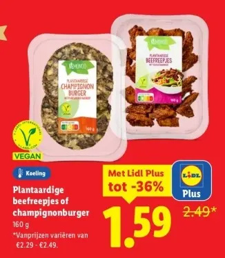 Aanbieding: Plantaardige beefreepjes of champignonburger