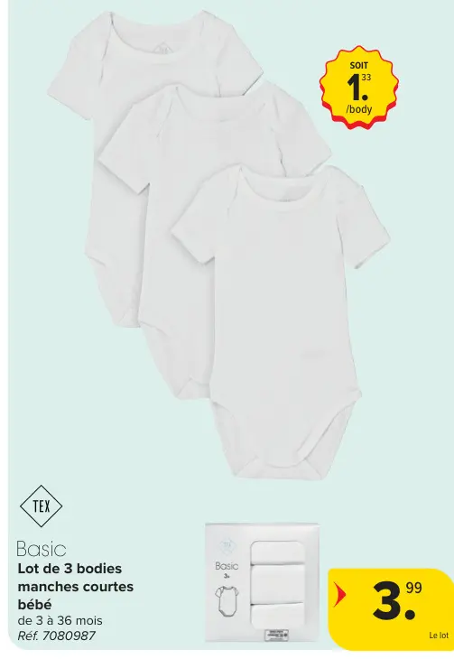 Offre: Lot de 3 bodies manches courtes bébé