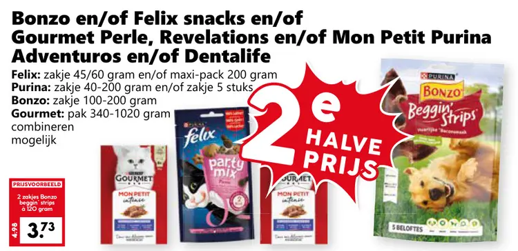 Aanbieding: Bonzo en/of Felix snacks en/of Gourmet Perle, Revelations en/of Mon Petit Purina Adventuros en/of Dentalife