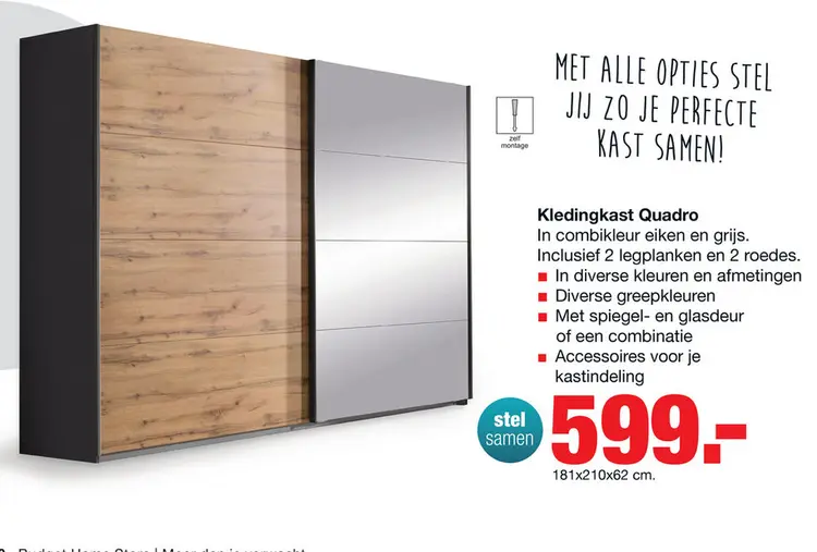 Aanbieding: Kledingkast Quadro B181xH210cm Eiken-grijs incl. 2 legplanken en 2 roedes