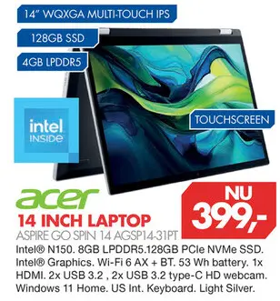Aanbieding: 14 inch laptop aspire go spin 14 agsp14-31pt