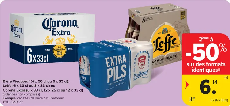 Offre: Bière Piedbœuf, Leffe ou Corona Extra
