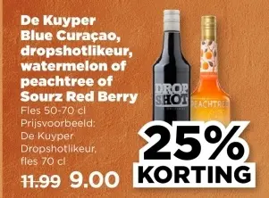 Aanbieding: De Kuyper Blue Curaçao, dropshotlikeur, watermelon of peachtree of Sourz Red Berry
