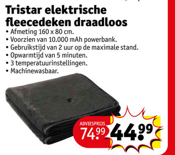 Aanbieding: Tristar elektrische fleecedeken draadloos