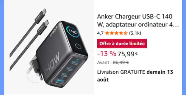 Offre: Anker Chargeur USB-C 140 W, adaptateur ordinateur 4