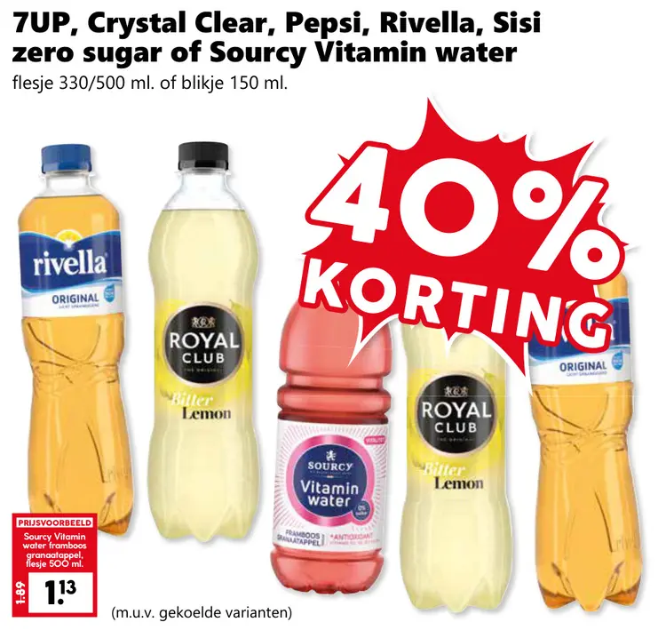 Aanbieding: 7UP, Crystal Clear, Pepsi, Rivella, Sisi zero sugar of Sourcy Vitamin water