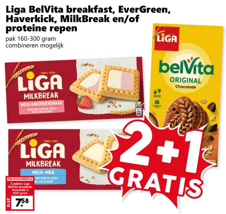 Aanbieding: Liga BelVita breakfast, EverGreen, Haverkick, MilkBreak en/of proteine repen